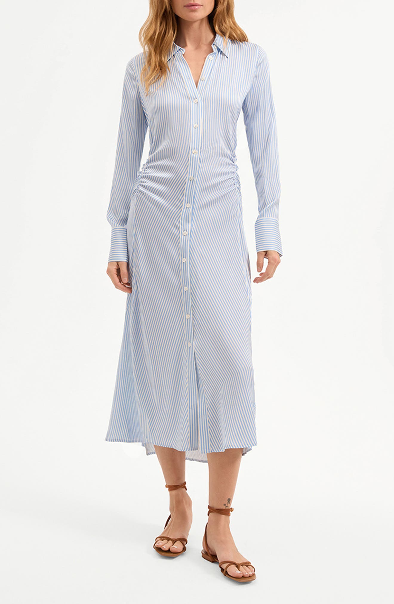 Veronica Beard Lex Stripe Long Sleeve Silk Blend Shirtdress