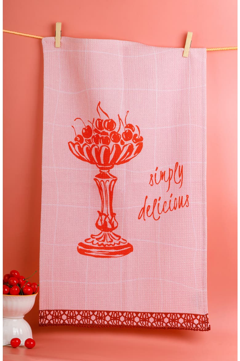 Set of Three Vintage Celebration Kitchen Towels, Alternate, color, CREAM/ CORAL RED/ DUSTY ROSE