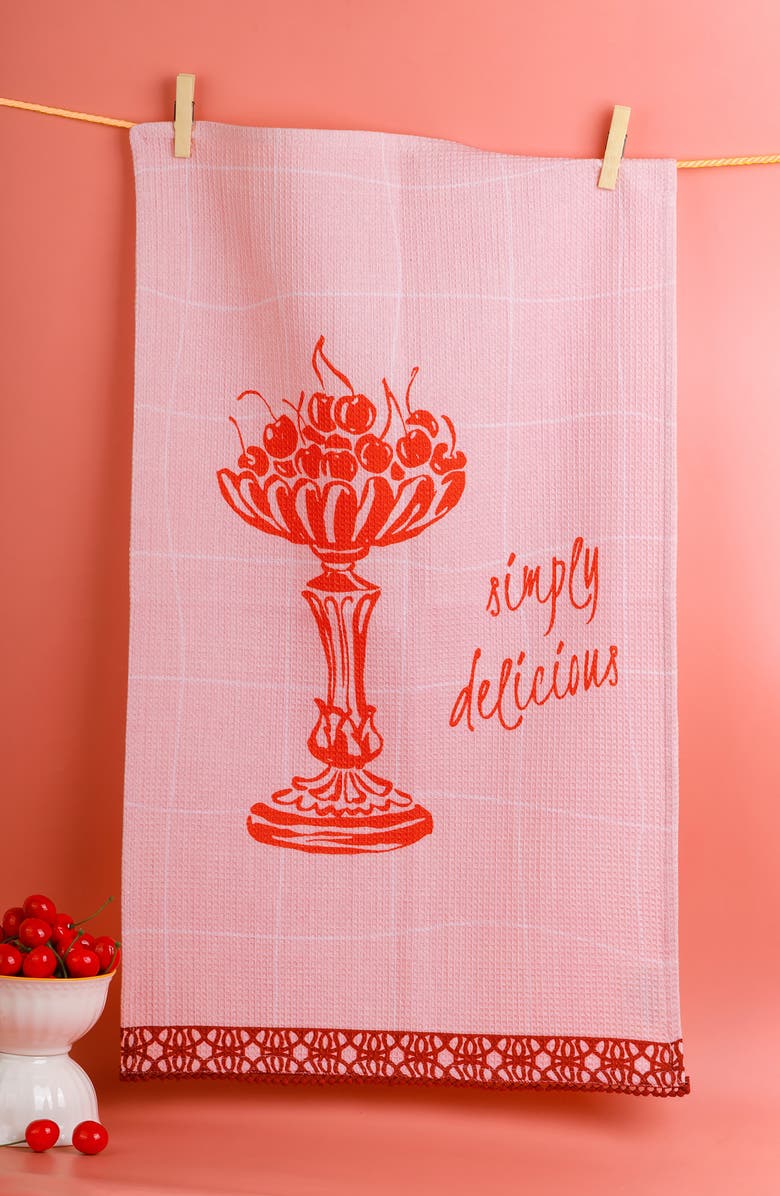 Tiramisu Set of Three Vintage Celebration Kitchen Towels, Alternate, color, Cream/ Coral Red/ Dusty Rose