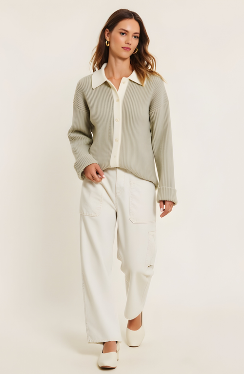Modenaire Ribbed Knit Cardigan With Contrast Trim, Button Front And Point Collar In Green