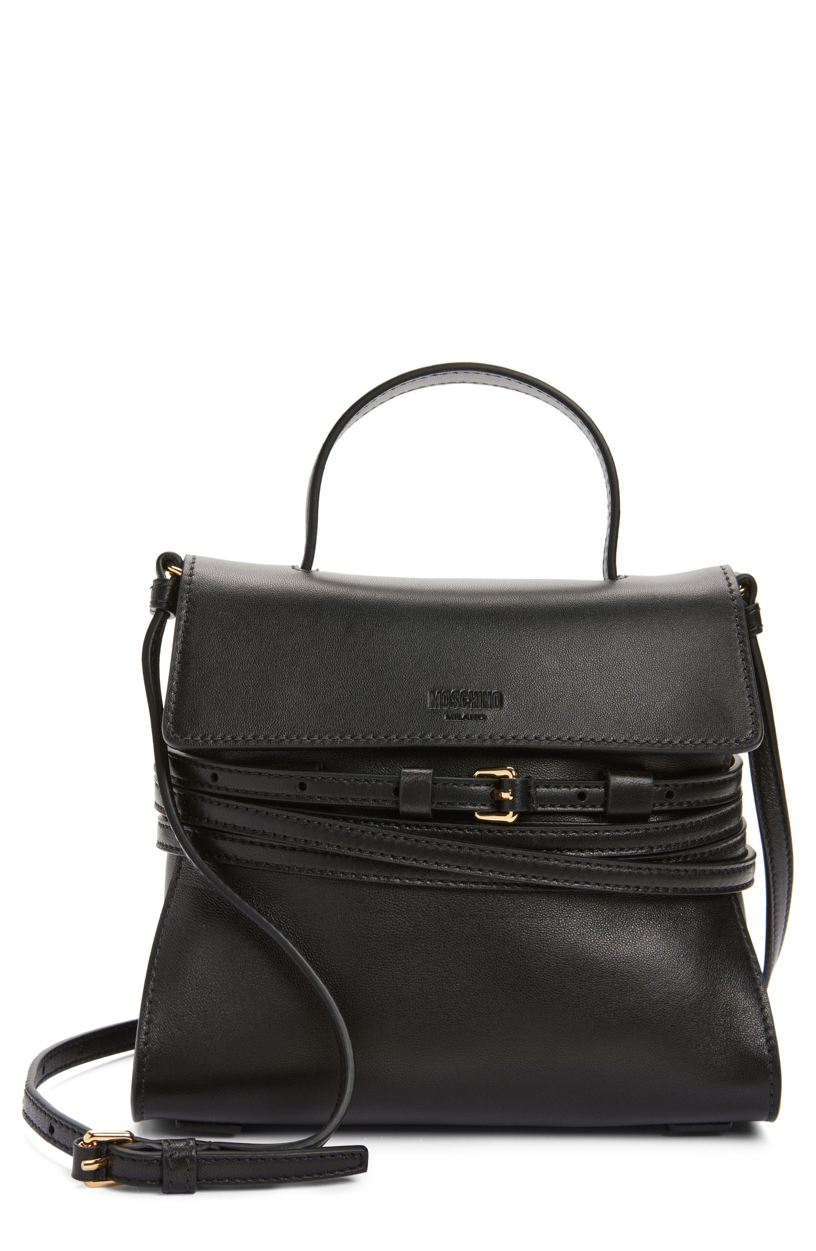 Moschino Small Tie Me Leather Top Handle Bag, Main, color, Black