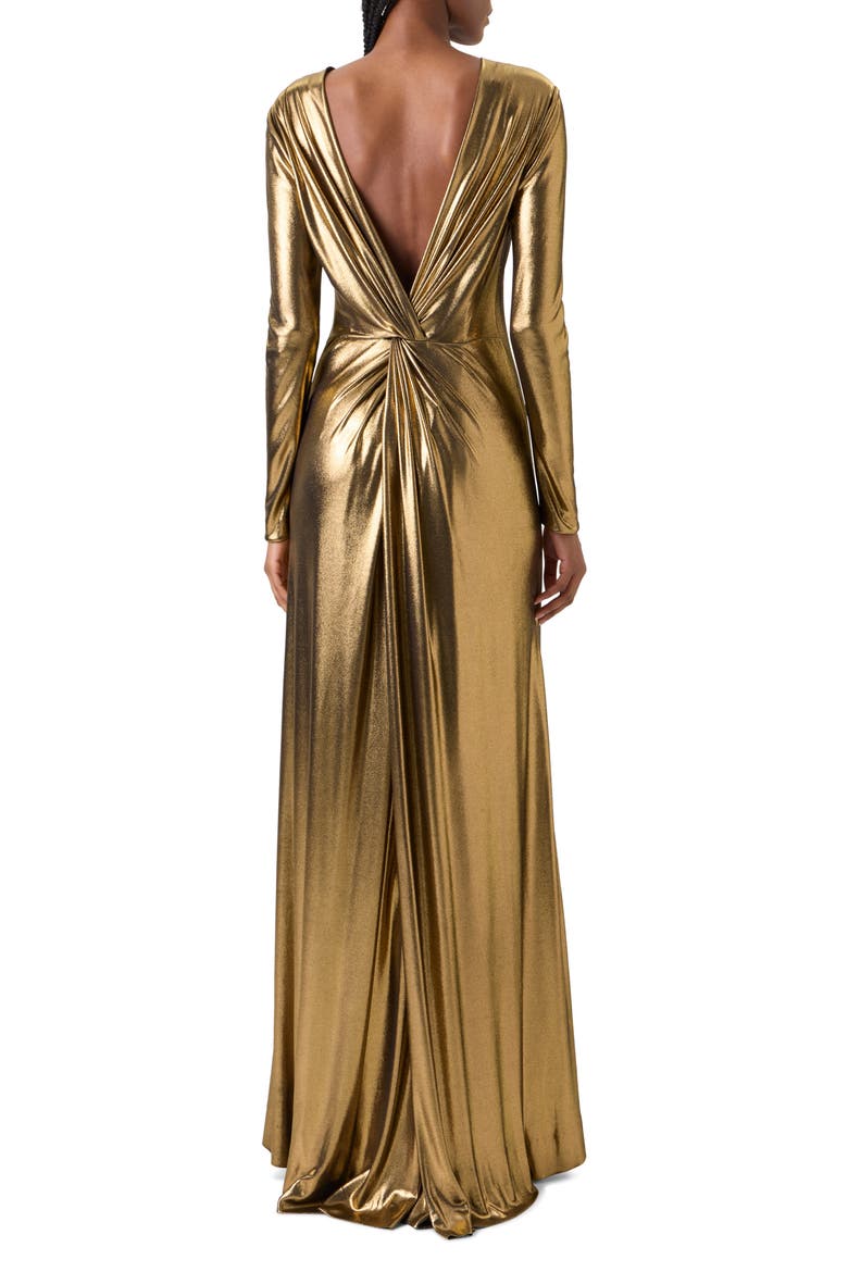 Metallic Long Sleeve Twist Back Jersey Gown, Alternate, color, GOLD