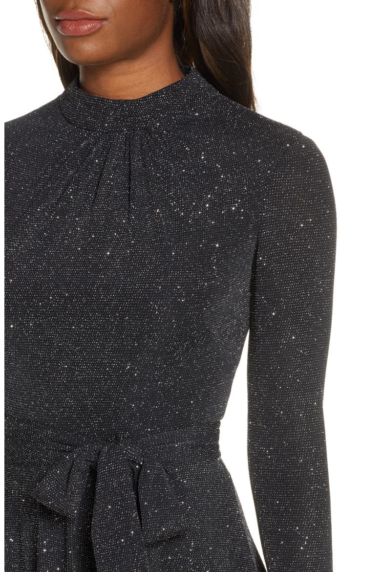 Glitter Long Sleeve Mock Neck Dress, Alternate, color, BLACK/ SILVER