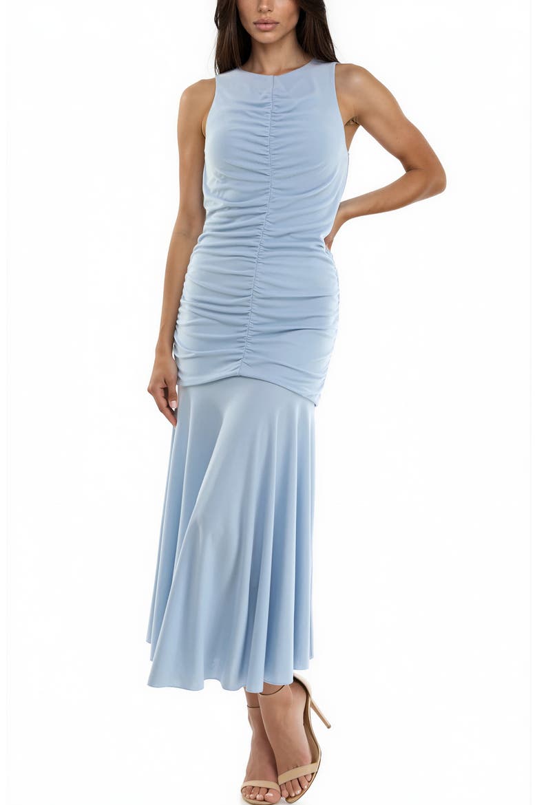Ruched Bodice Midi Dress, Main, color, BLISSFUL BLUE