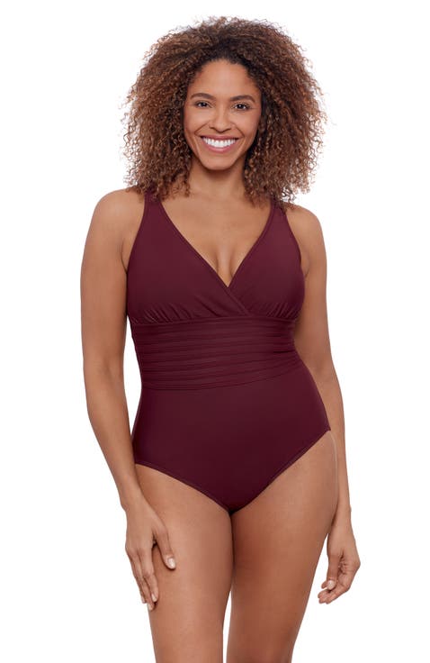 Full Coverage Surplice Trim Overlay V-Neck One-Piece Swimsuit