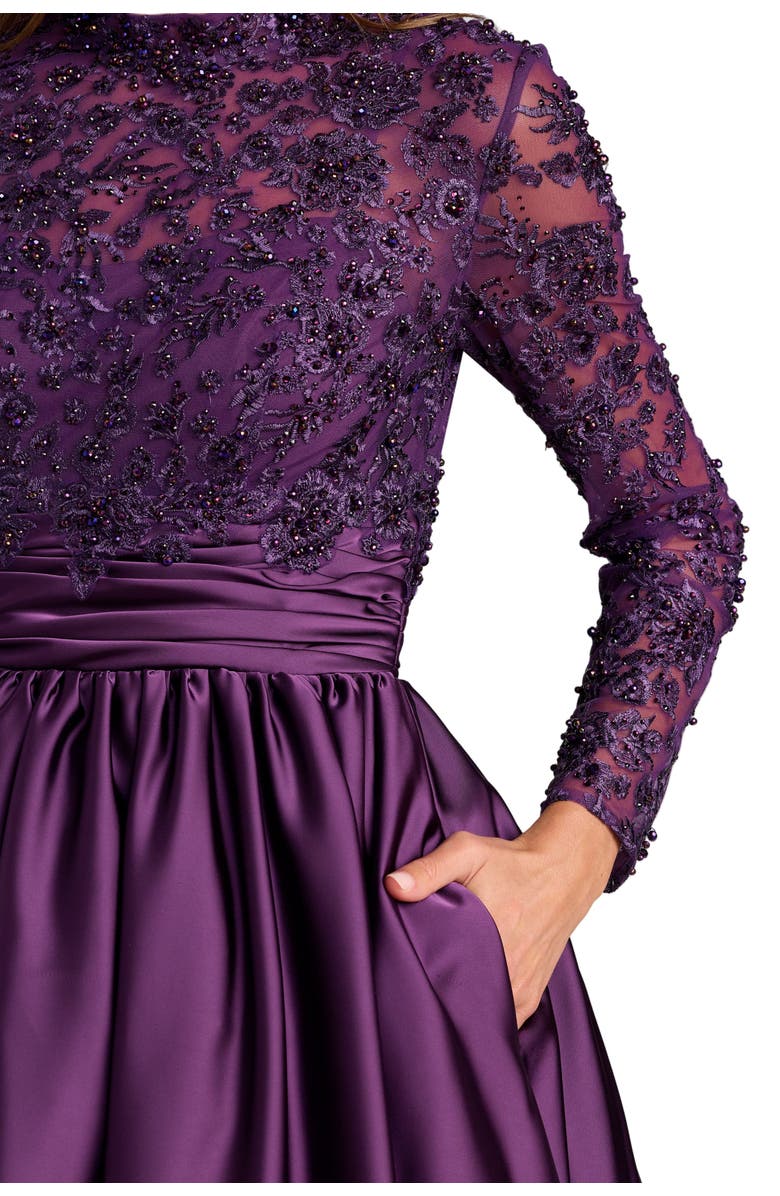 Mac Duggal Embroidered Long Sleeve Satin Ball Gown, Alternate, color, Aubergine