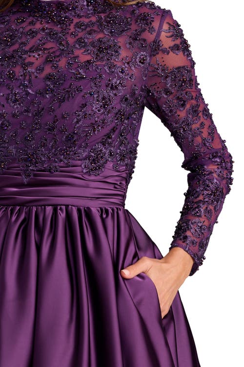 Mac Duggal Embroidered Long Sleeve Satin Ball Gown In Purple