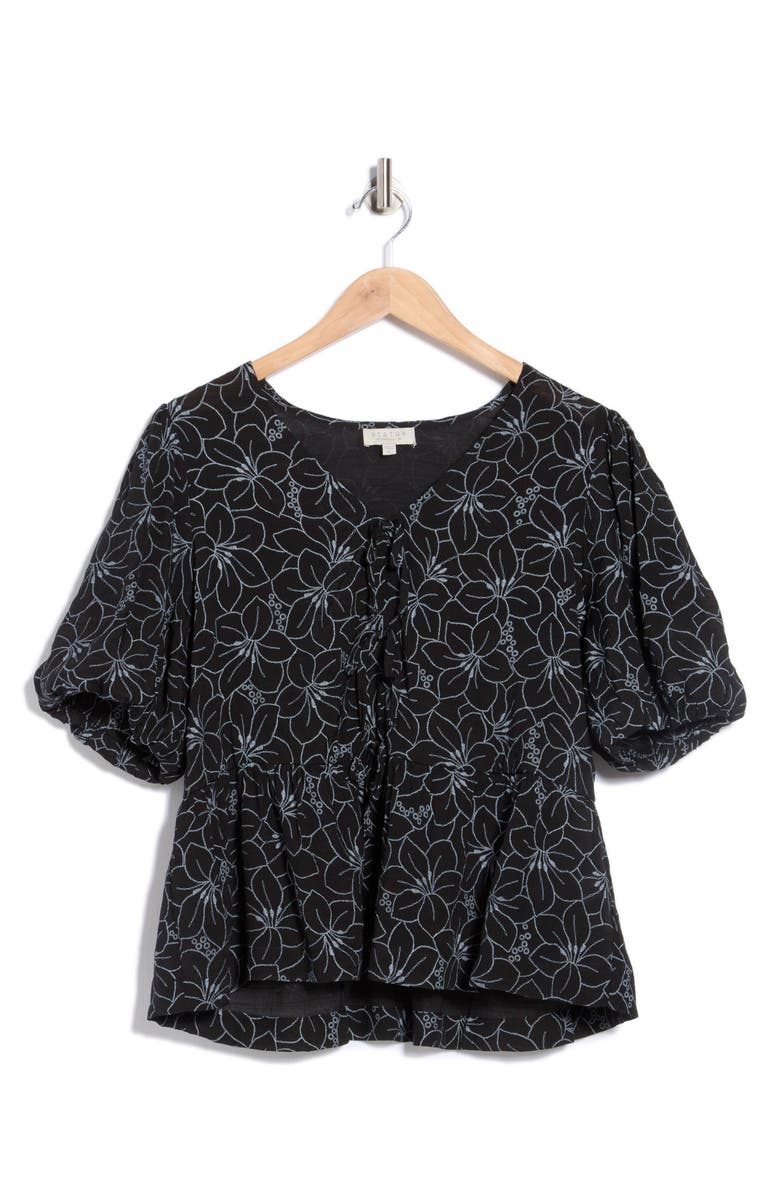 CHENAULT Print Tie Front Puff Sleeve Top, Main, color, Black/ Ivory