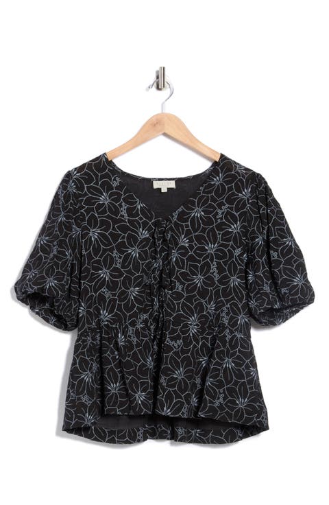 Print Tie Front Puff Sleeve Top