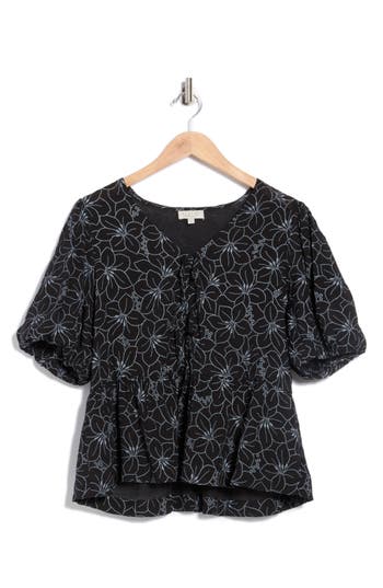 Chenault Print Tie Front Puff Sleeve Top In Black