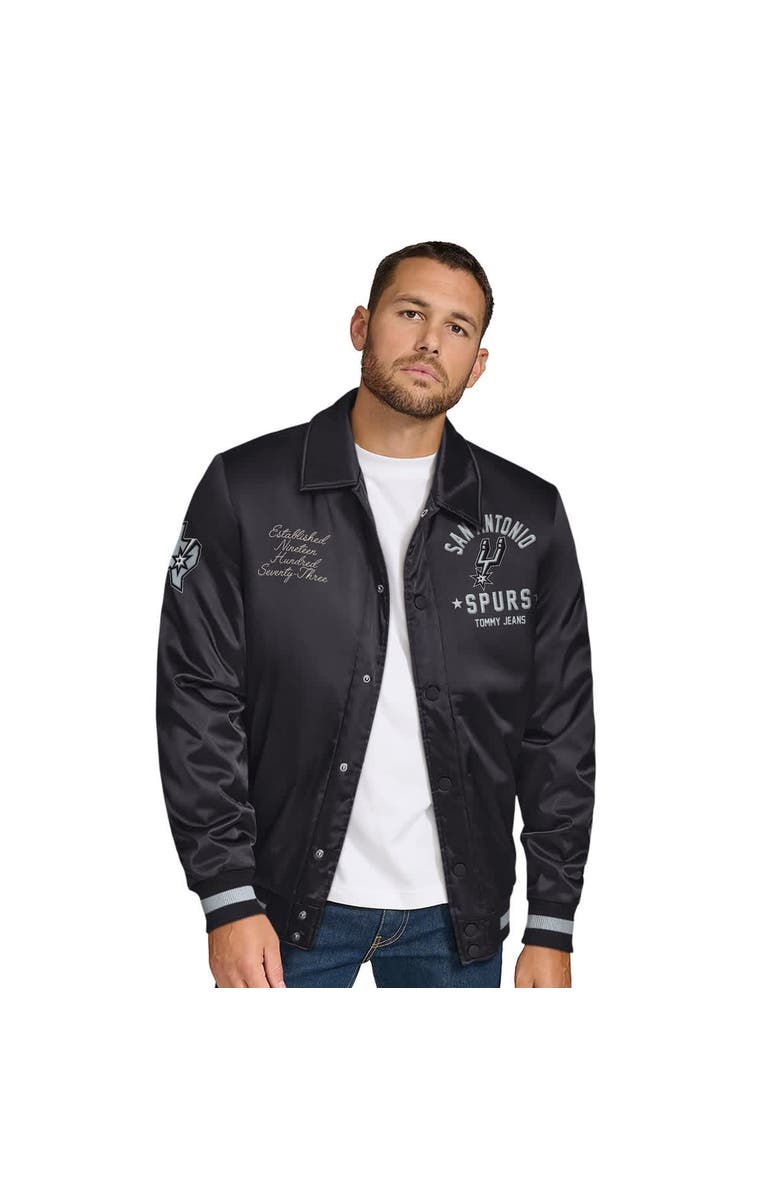 TOMMY JEANS Men's Tommy Jeans Black San Antonio Spurs Jacob Chain Stitch Applique Full-Snap Varsity Jacket, Main, color, Black