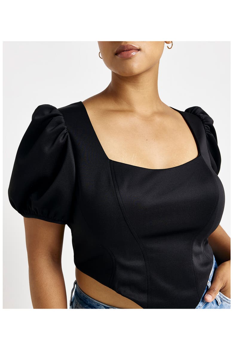 Puff Sleeve Corset Top, Alternate, color, BLACK