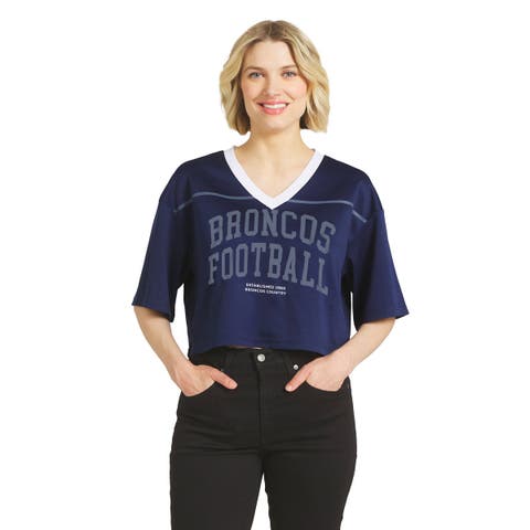 Women's WEAR by Erin Andrews Navy Denver Broncos Cropped V-Neck Jersey T-Shirt