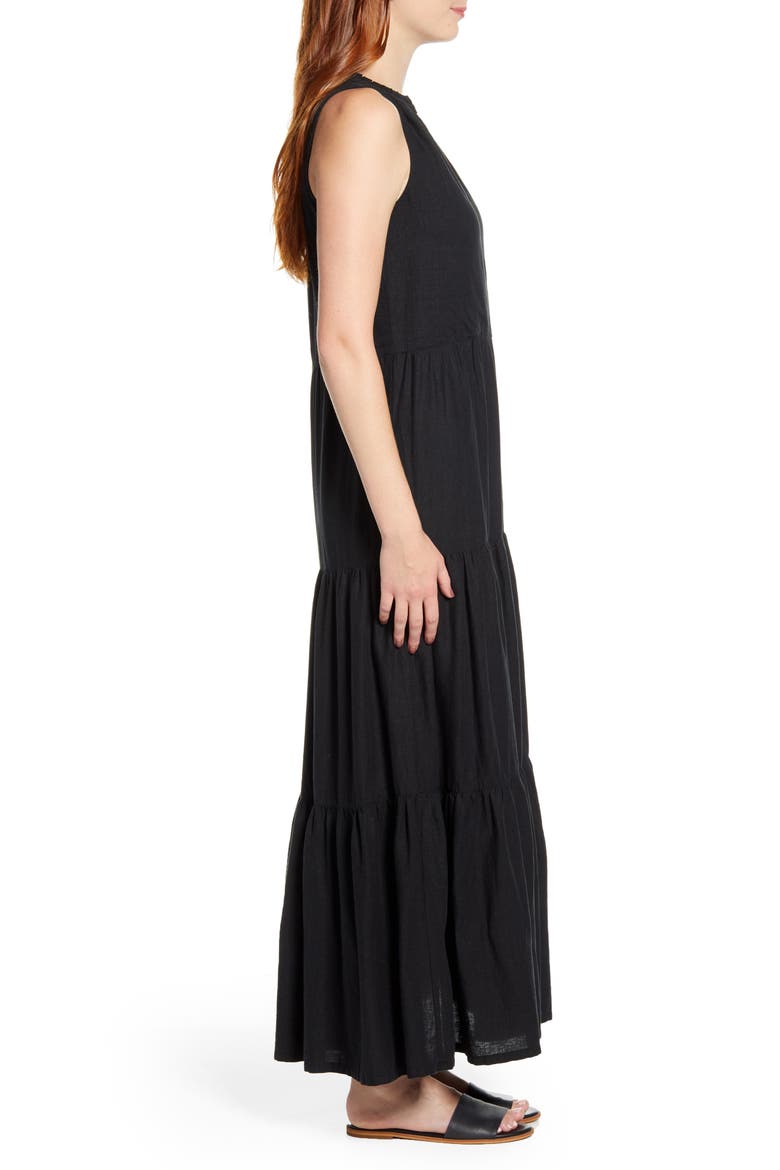Lena Tiered Linen Blend Maxi Sundress, Alternate, color, BLACK