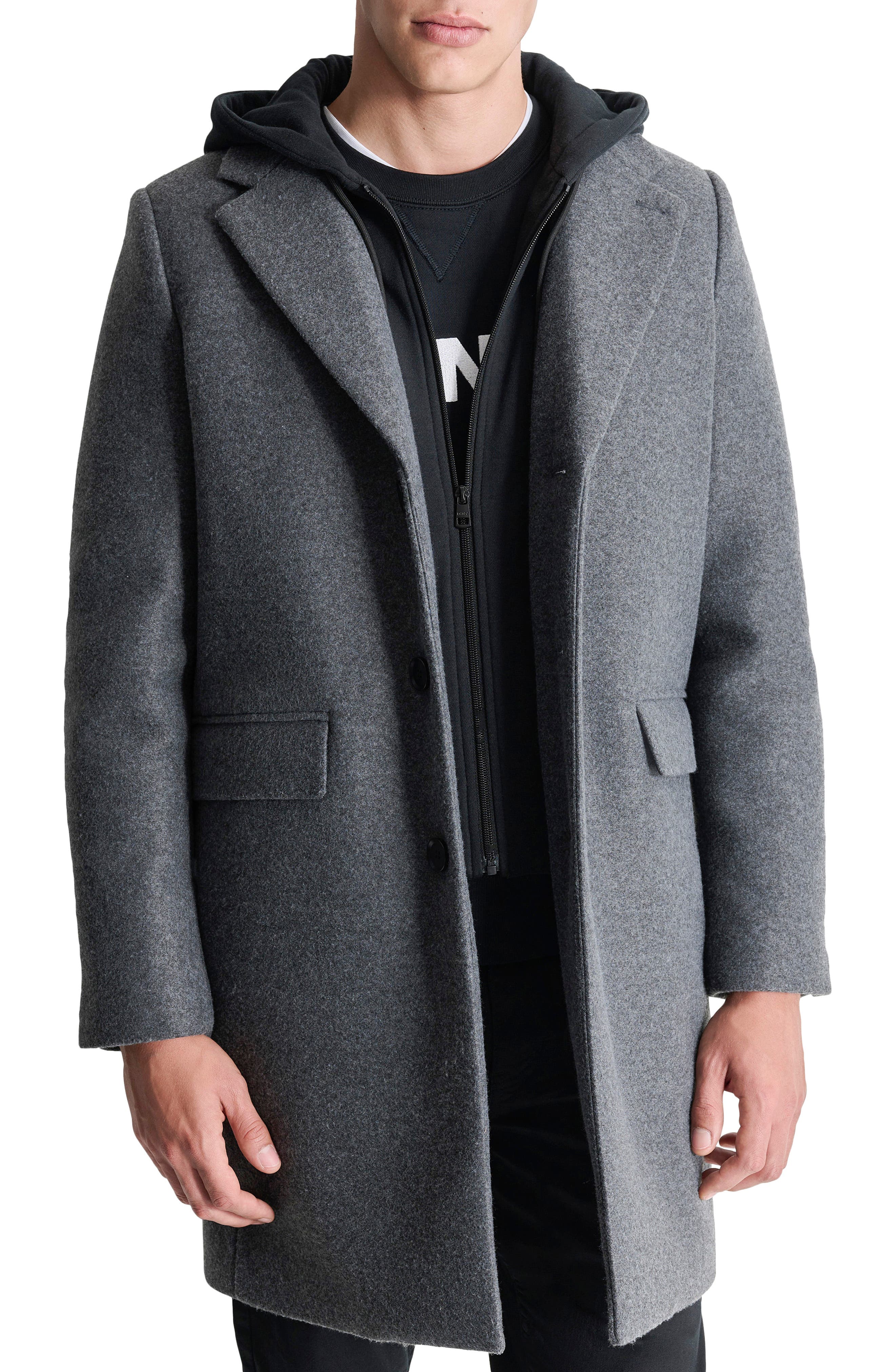 DKNY Water Resistant Felted Coat with Hooded Bib