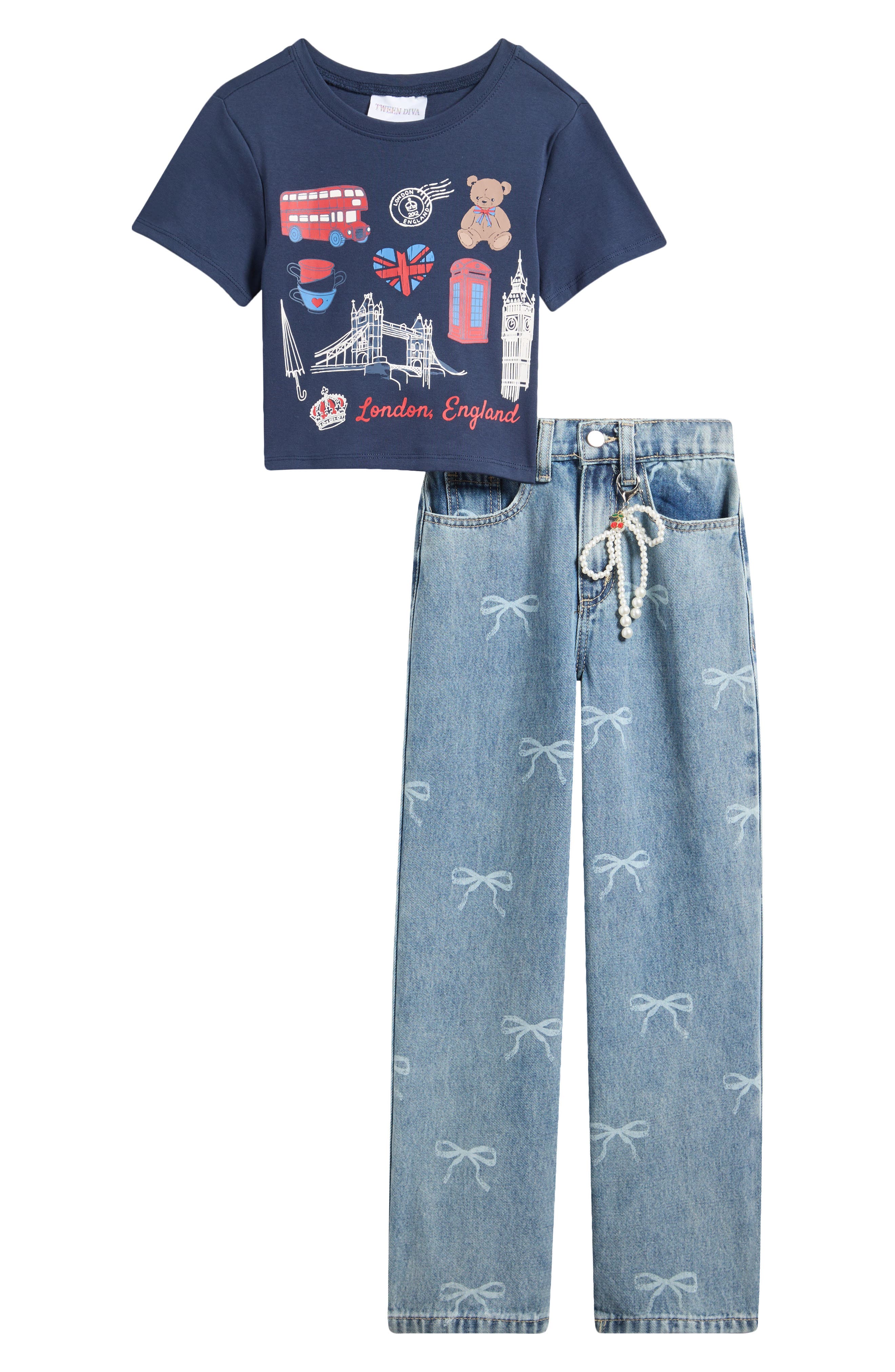 Kids' Graphic T-Shirt & Bow Jeans Set