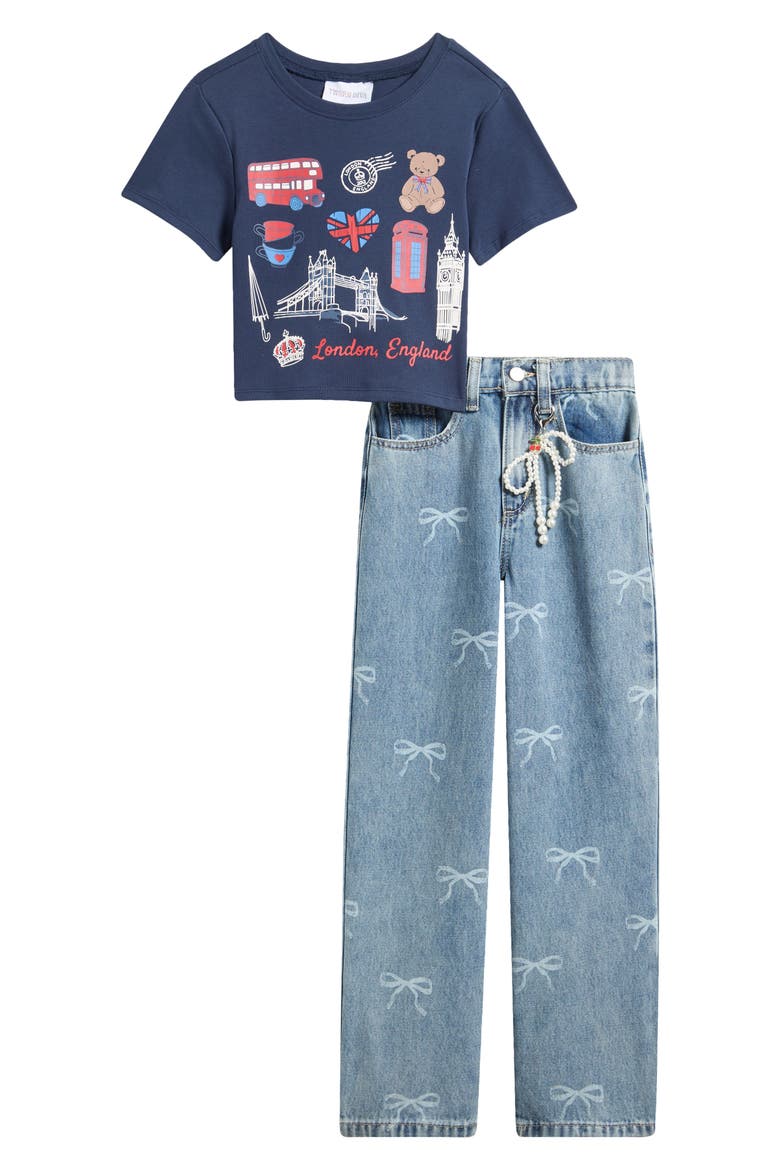 Kids' Graphic T-Shirt & Bow Jeans Set, Main, color, NAVY