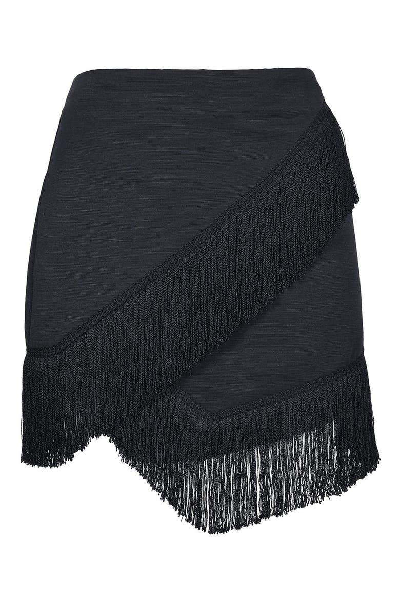 Fringe Trim Wrap Skirt, Alternate, color, BLACK