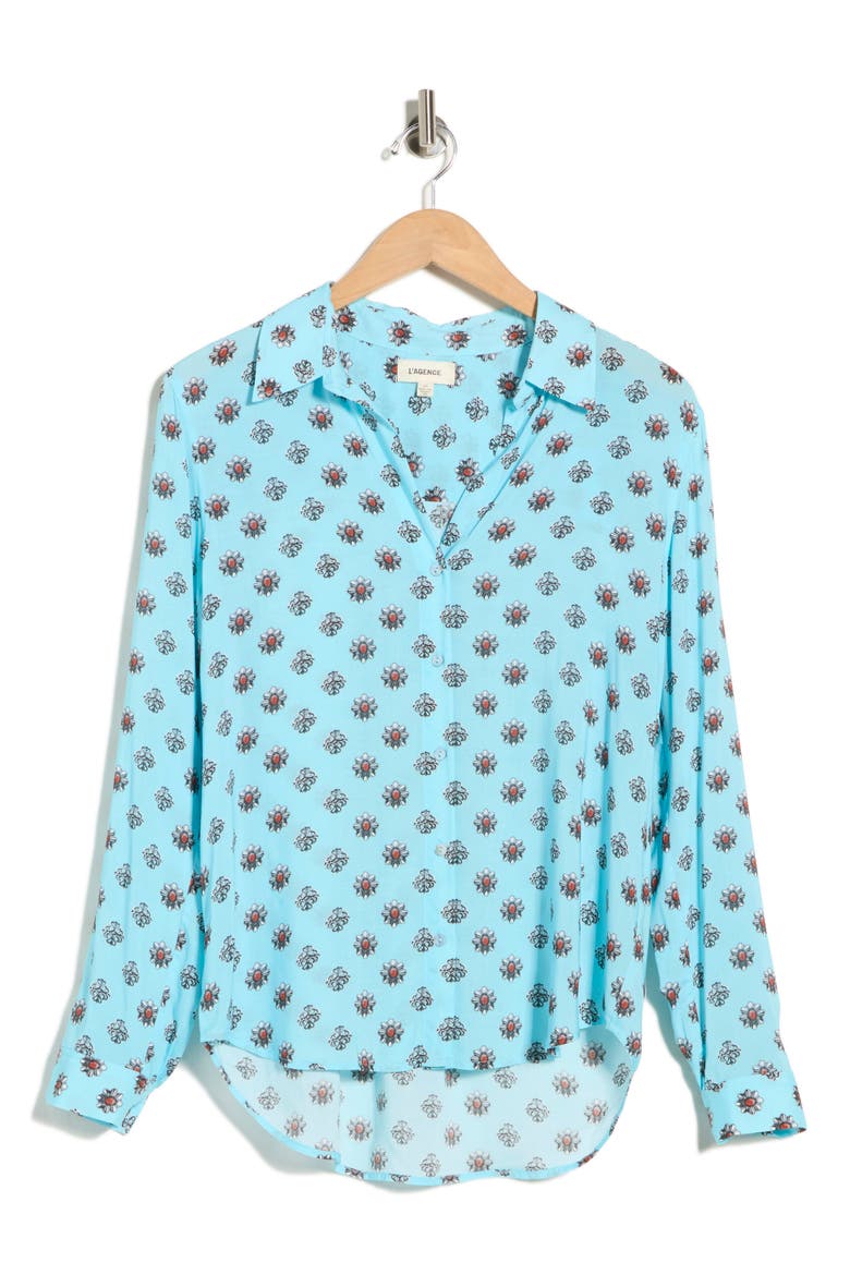Holly Print Button-Up Shirt, Alternate, color, LT TURQUOISE/CORAL STONE FOULA
