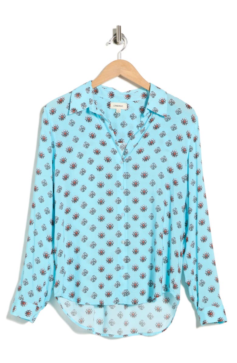 L'AGENCE Holly Print Button-Up Shirt, Alternate, color, Lt Turquoise/Coral Stone Foula