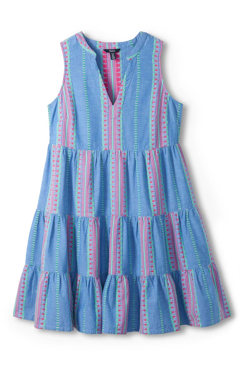 Savannah Embroidered Stripe Cotton Chambray Dress, Main, color, BLUE