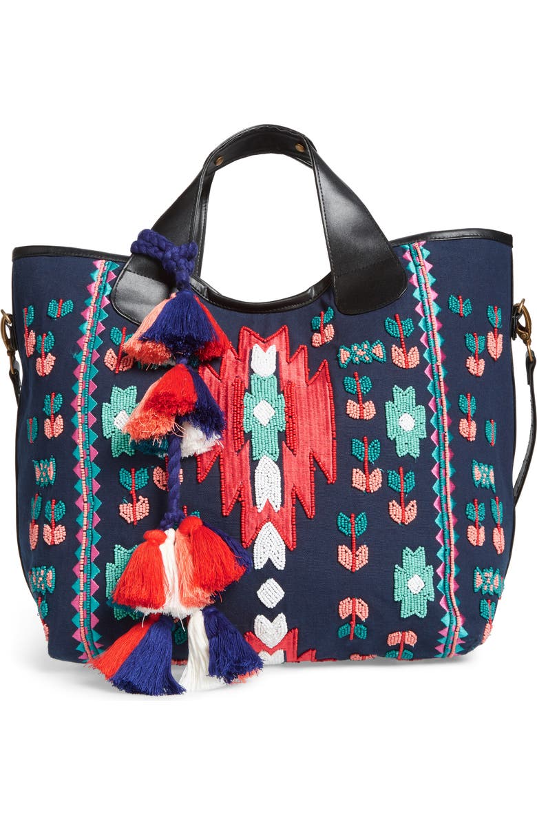 STEVEN by Steve Madden Beaded Tassel Tote, Main, color,