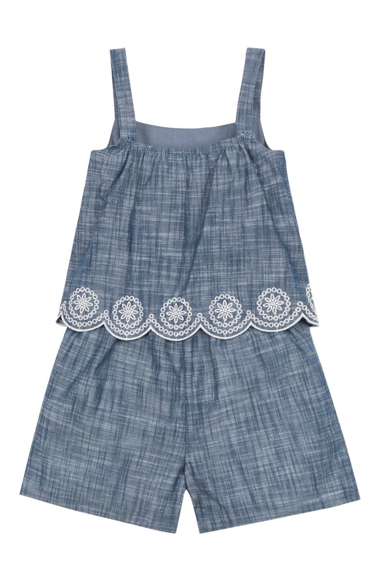 Hope & Henry Girls' Organic Faux Tank Scallop Edge Chambray Romper, Toddler, Alternate, color, 