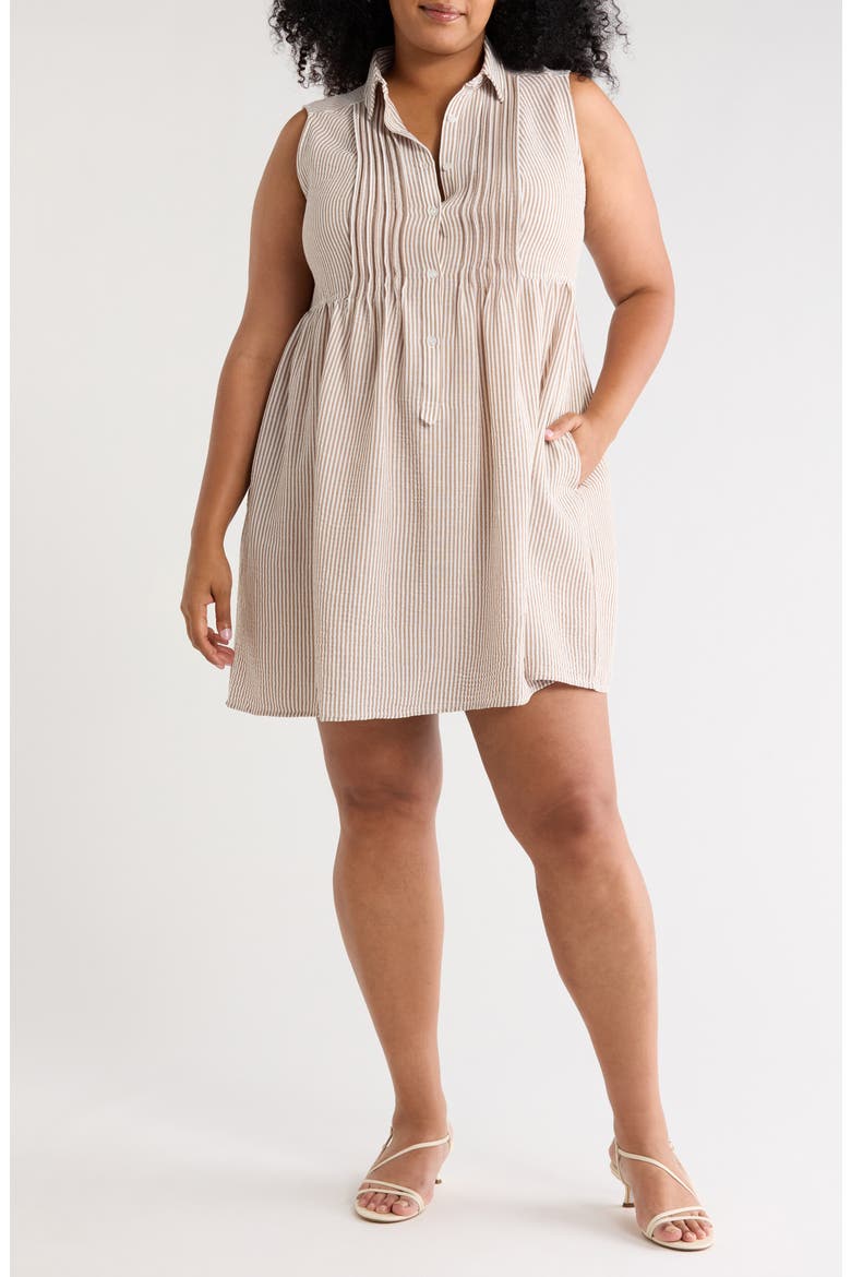 Pleated Button Front Dress, Main, color, TRUFFLE/ WHITE