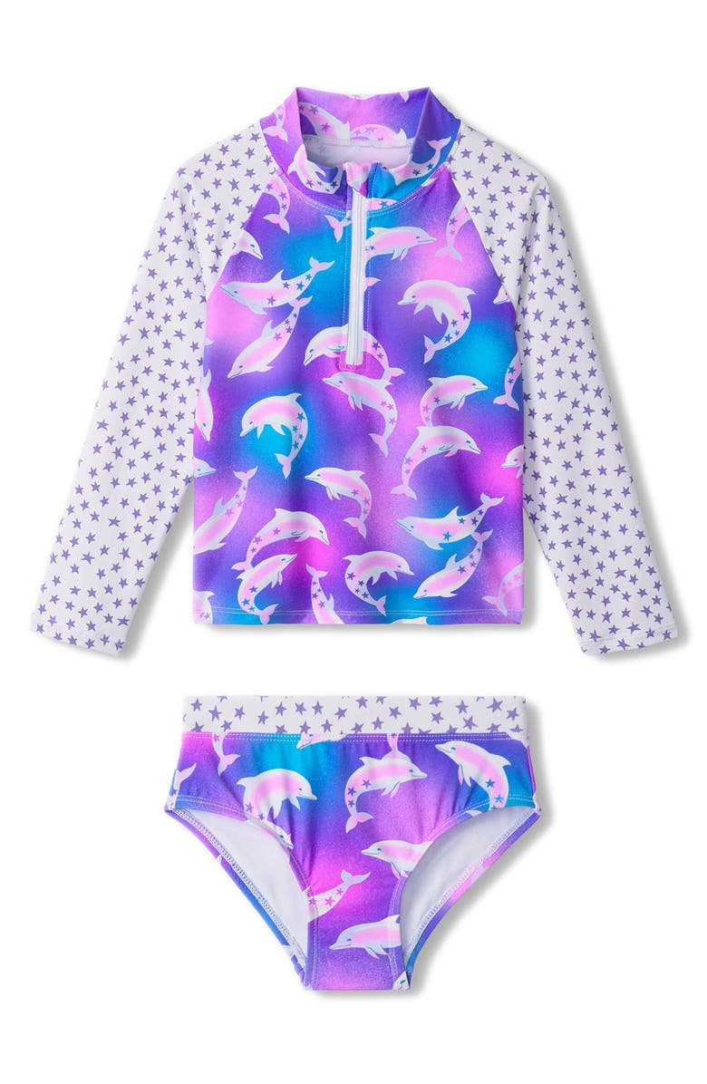 Hatley Kids' Airbrush Dolphins Long Sleeve Two-Piece Rashguard Swimsuit, Main, color, 