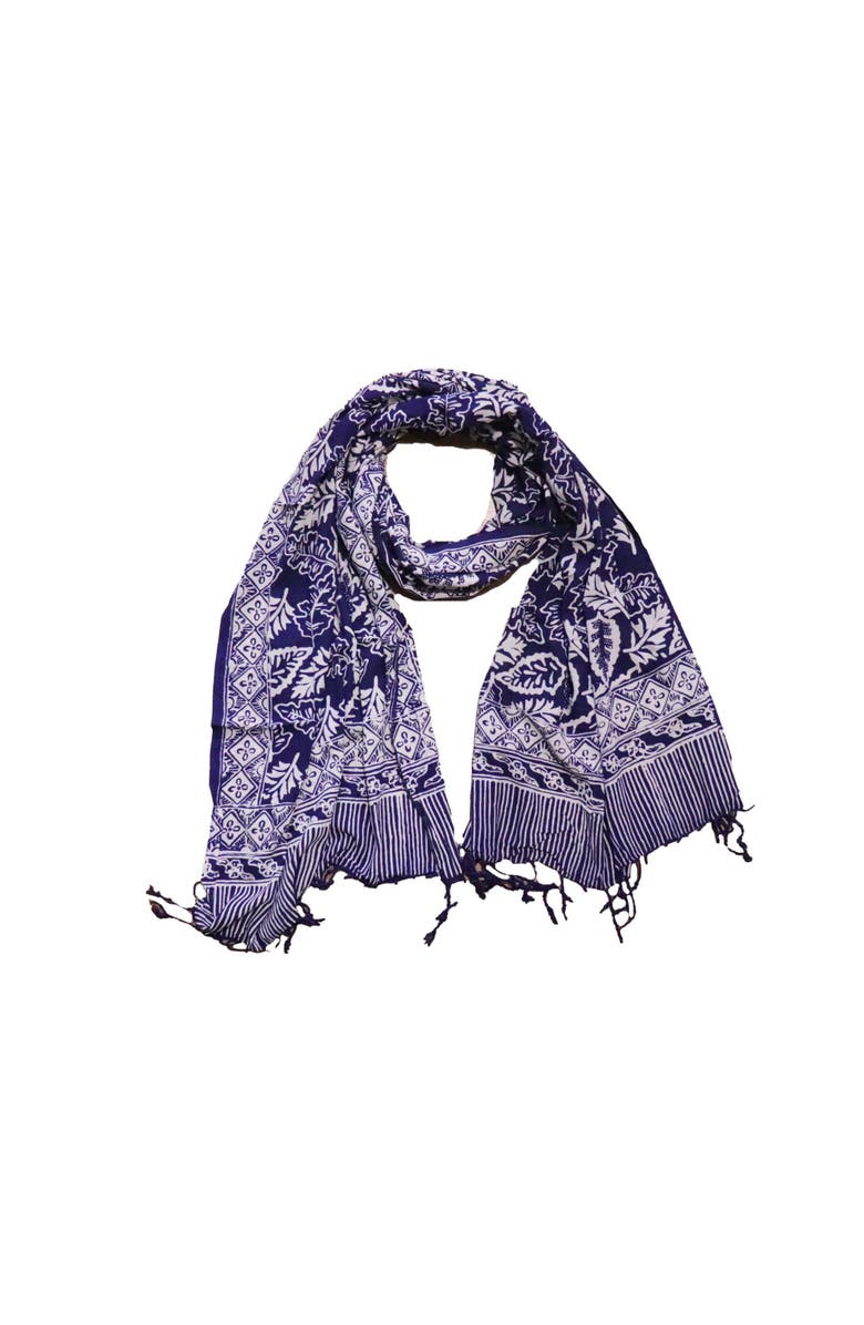 Kasih Co-op Hand Dyed Batik Scarf, Main, color, Blue Leaves