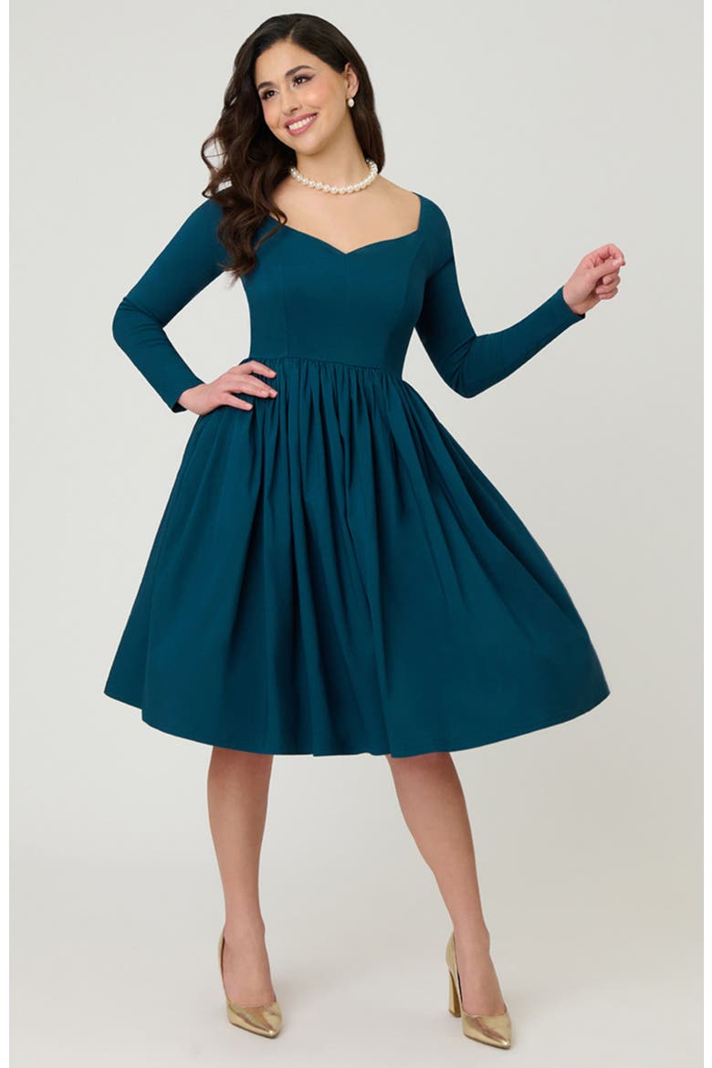 Sweetheart Long Sleeve Swing Dress, Alternate, color, Green Solid