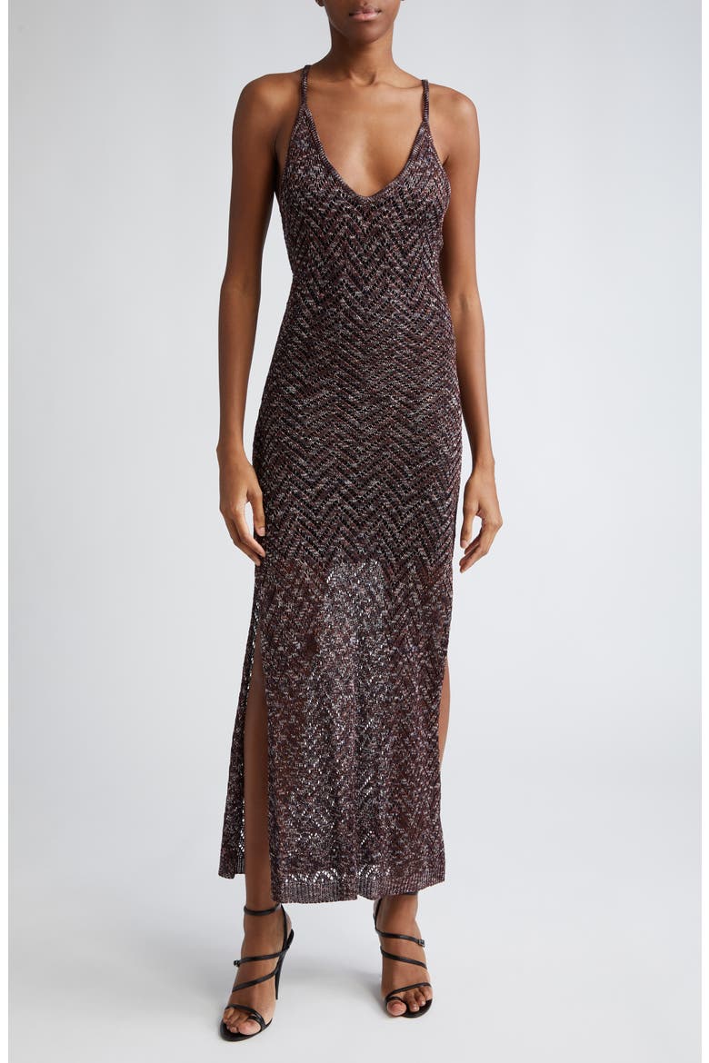 Scoop Neck Sleeveless Metallic Knit Chevron Maxi Dress, Main, color, BROWN TONES SPACE-DYED