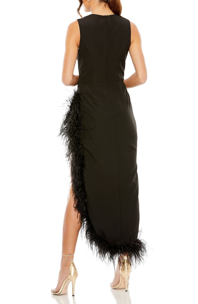 Mac Duggal Sleeveless Faux Wrap Dress with Feather Detail, Alternate, color, Black