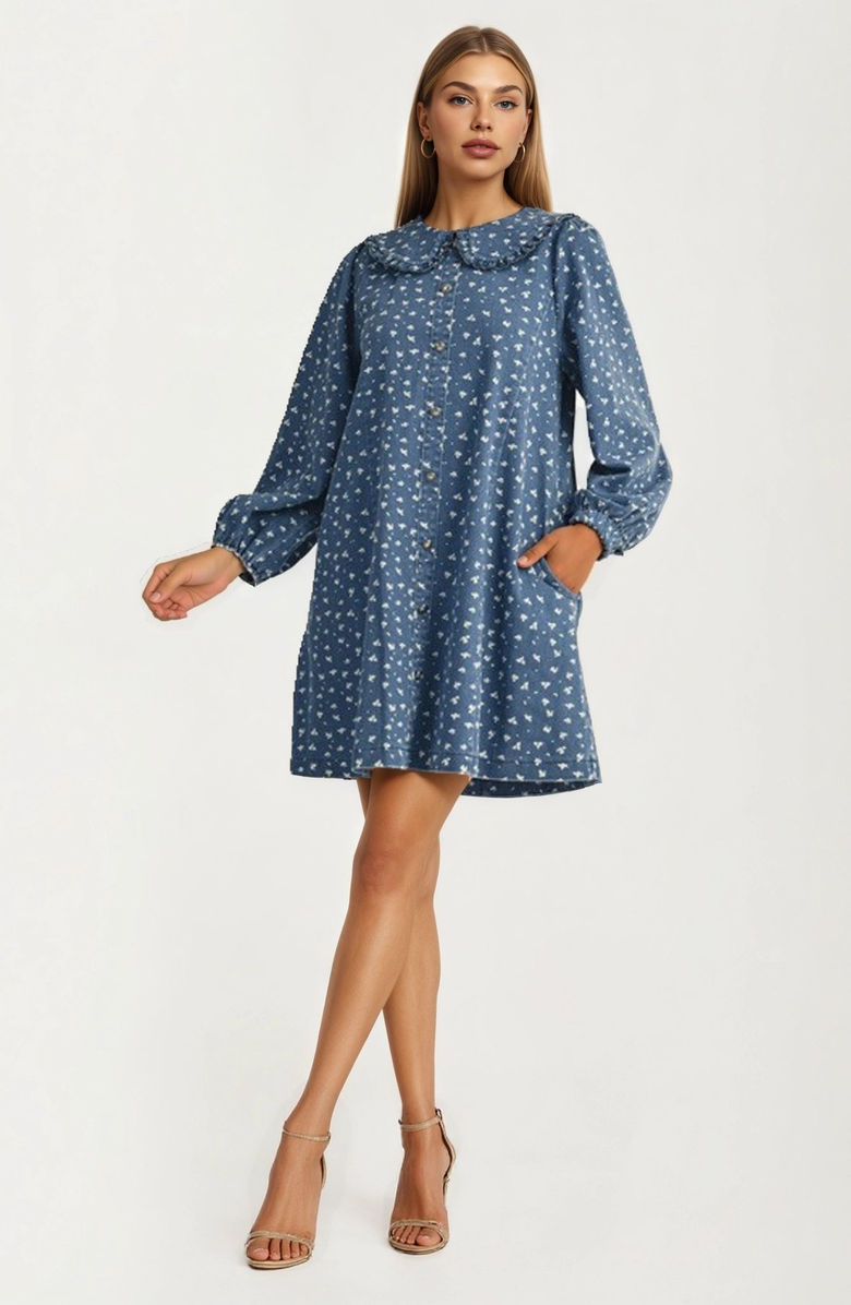 Knit and Lounge Button Front Puff Sleeve Ruffle Collar Mini Dress, Alternate, color, Blue / White Floral