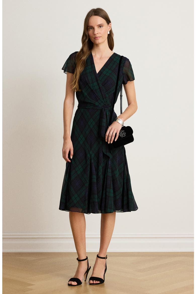 Plaid Georgette Wrap Dress, Alternate, color, NAVY BLUE