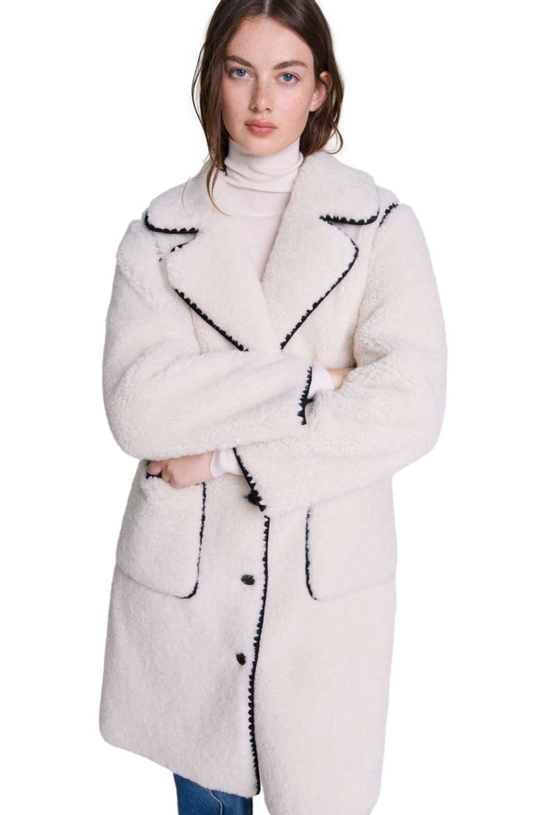 Mid-length fleece coat, Alternate, color, Ecru black