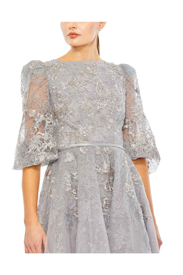 High Neck Puff Sleeve Embellished Gown, Alternate, color, Platinum