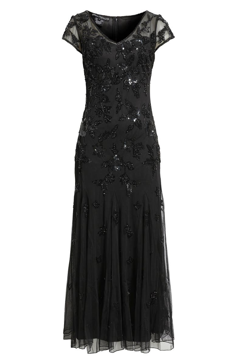 Pisarro Nights Embellished Illusion Sleeve Cocktail Dress, Alternate, color, Black