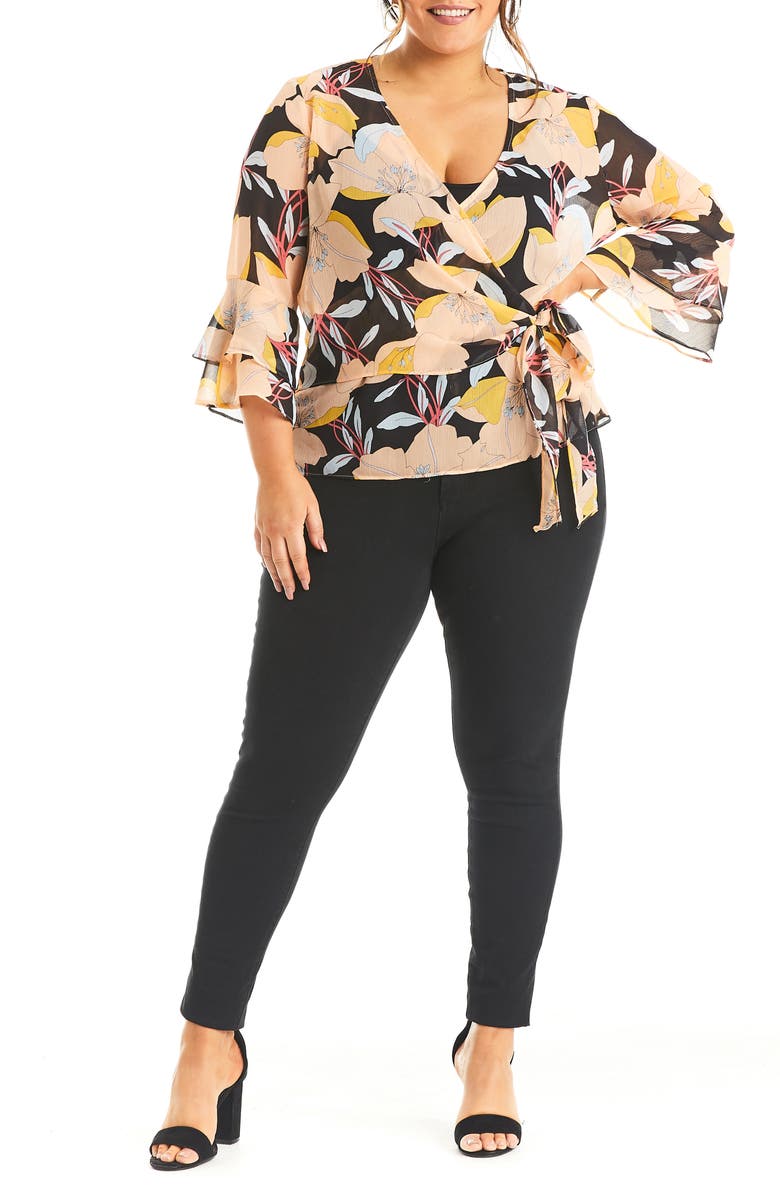 Estelle Sherbet Garden Chiffon Wrap Blouse, Alternate, color,