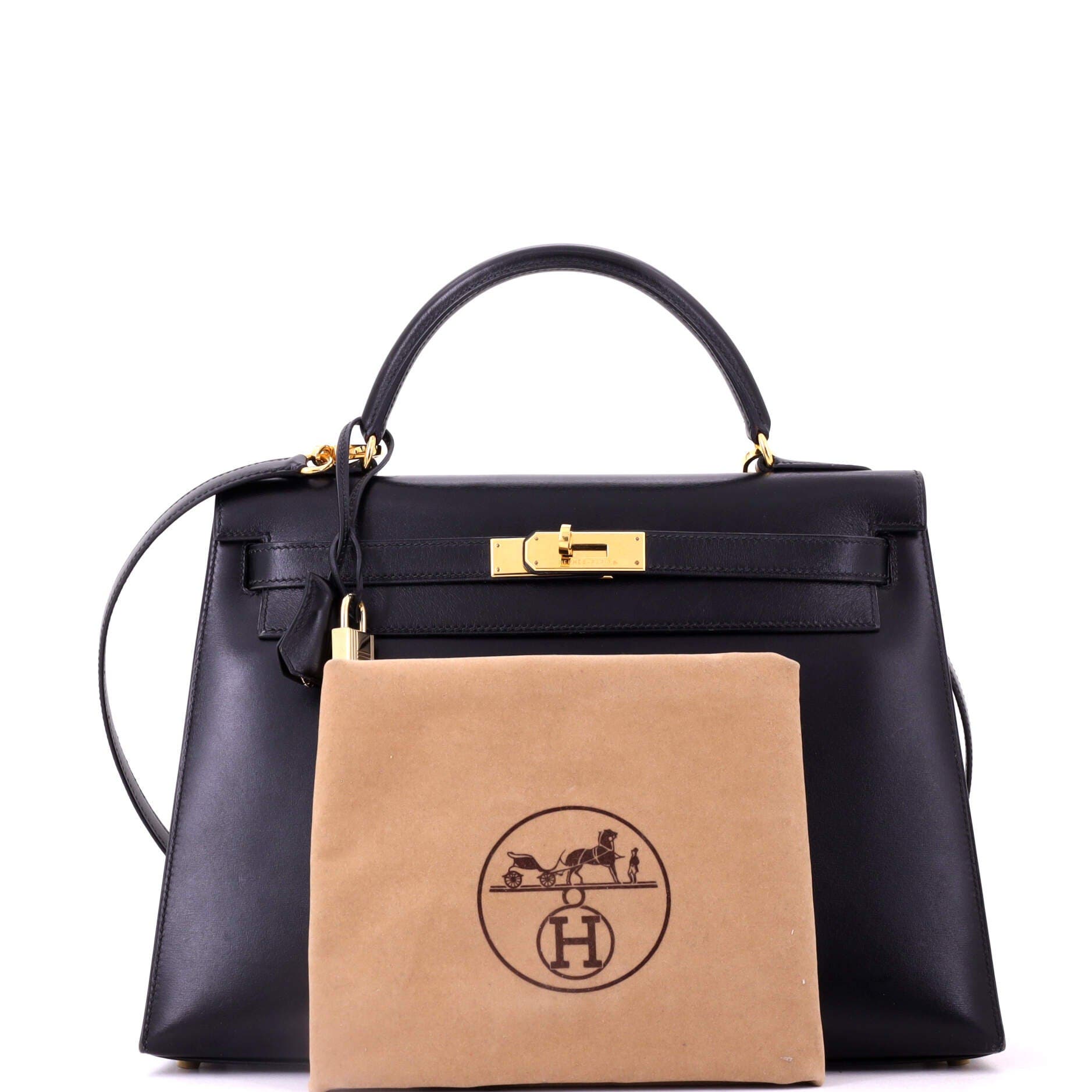 Pre-Owned Hermes Kelly Handbag Black Box Calf with Gold Hardware 32, Alternate, color, Noir