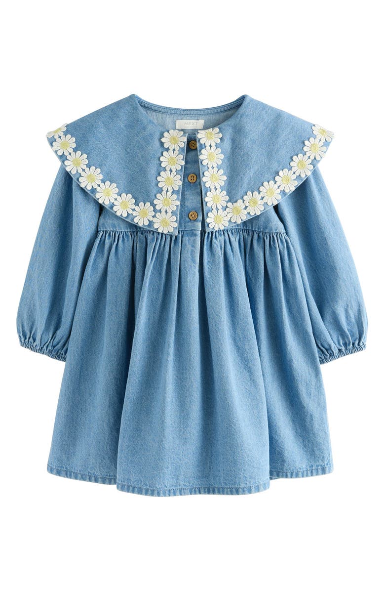 NEXT Kids' Daisy Embroidered Long Sleeve Denim Dress, Main, color, Blue