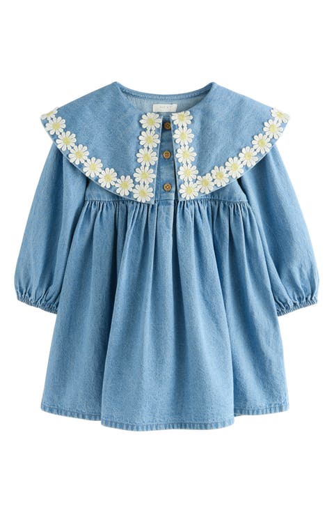 Kids' Daisy Embroidered Long Sleeve Denim Dress (Little Girl)