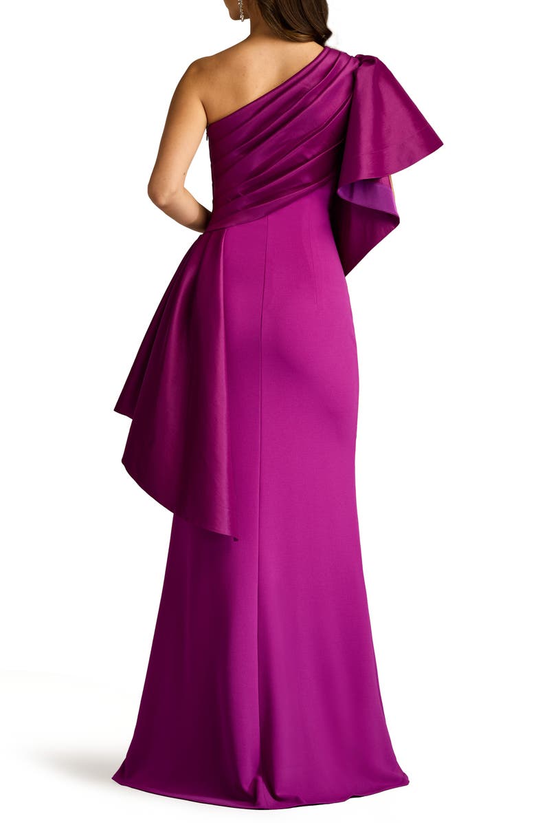 Tadashi Shoji Draped One-Shoulder Mixed Media Gown, Alternate, color, Magenta