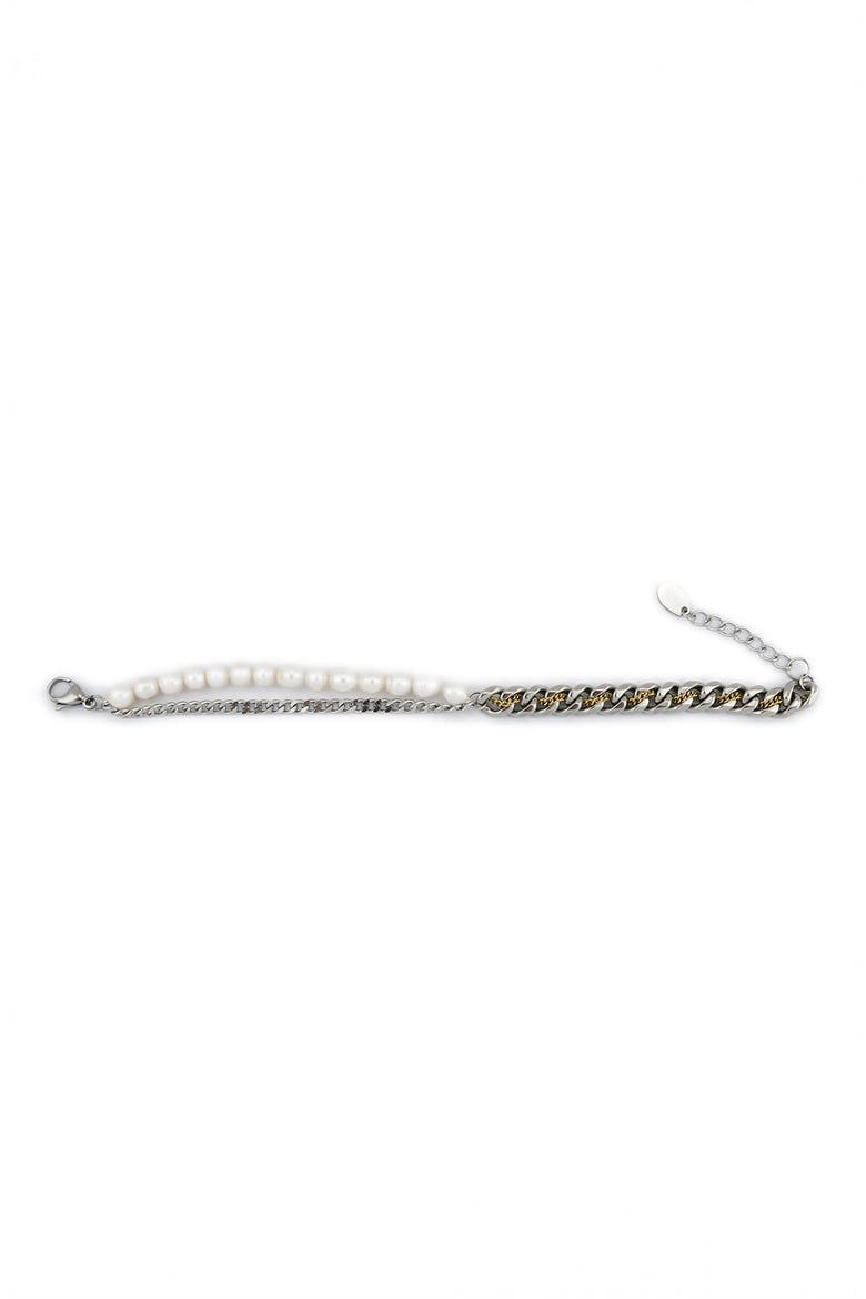 Gender Inclusive Faux Pearl Curb Link Layered Bracelet, Alternate, color, SILVER