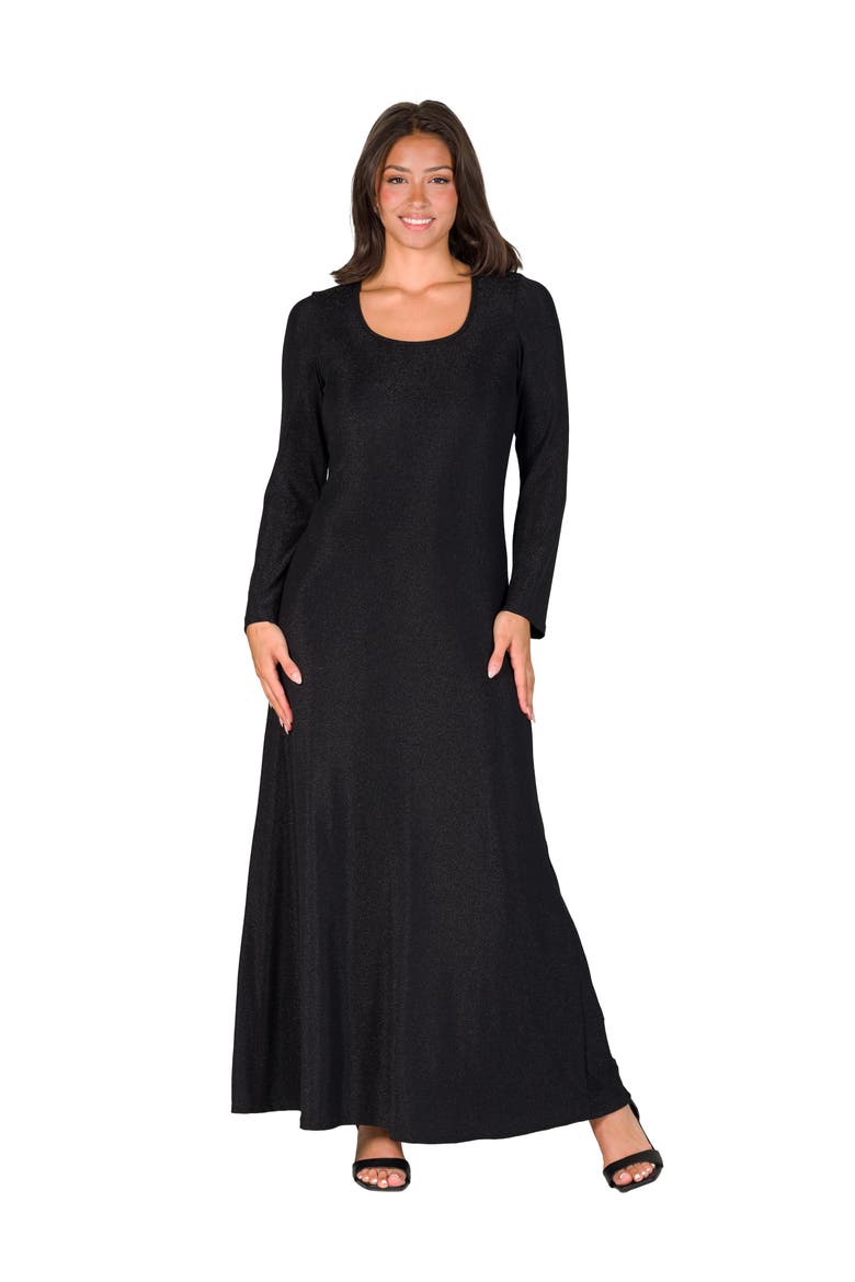 Long Sleeve Scoop Neck Shimmery Fabric Maxi Dress, Main, color, Black