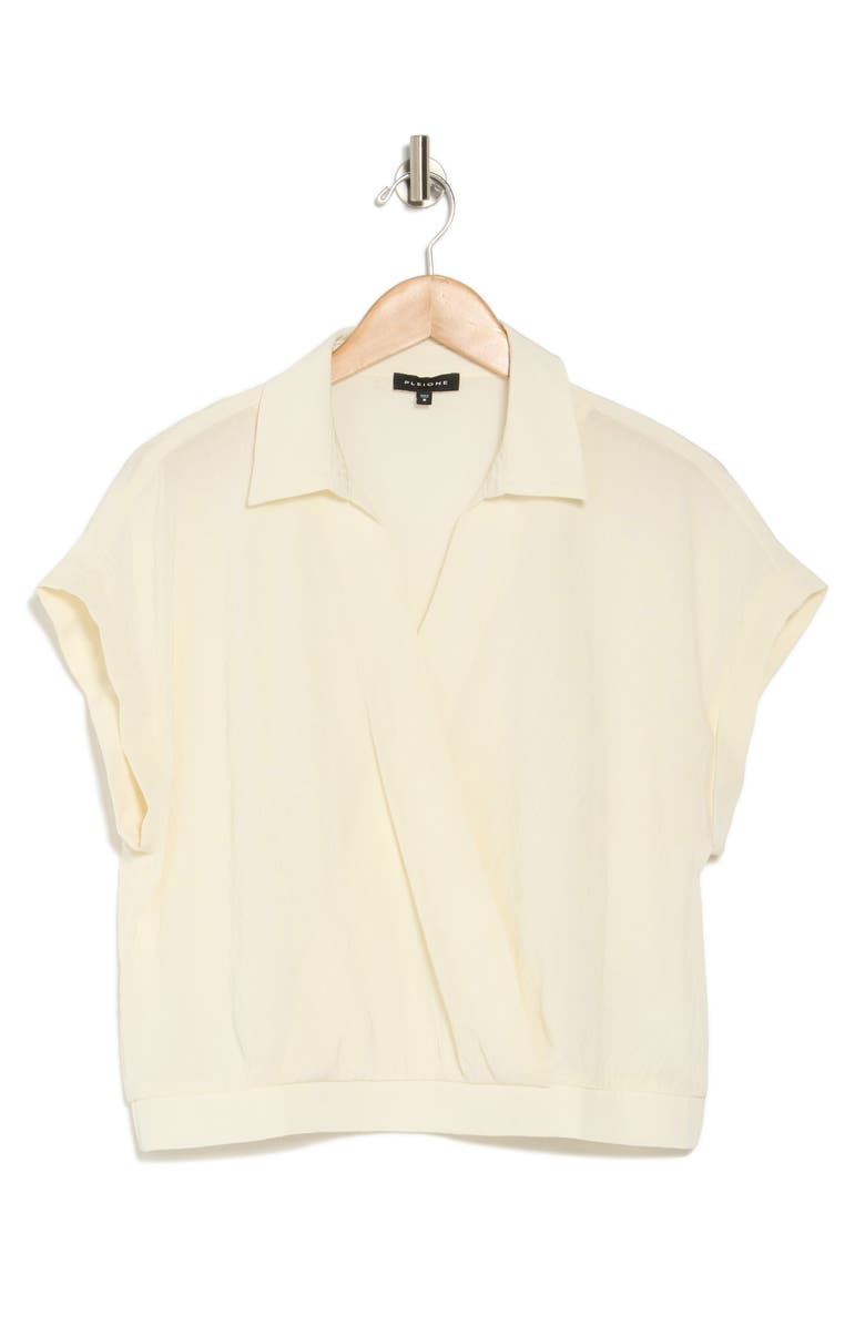 Pleione Short Sleeve Faux Wrap Textured Satin Top, Alternate, color, Ivory