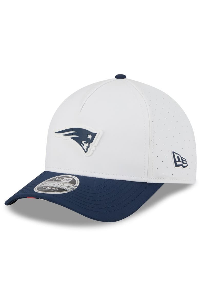 New Era Men's New Era White/Navy New England Patriots 2025 NFL Training Camp A-Frame 9FORTY Adjustable Hat, Main, color,