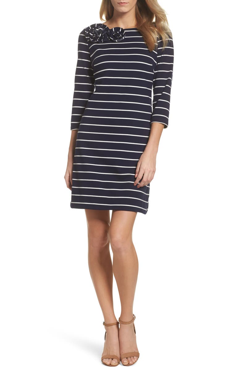 Eliza J Stripe Flower Detail Shift Dress, Main, color, 