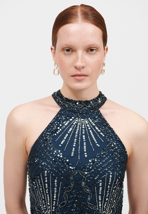 Beauut Embellished Sequin Beaded Halter Neck Maxi Dress In Navy