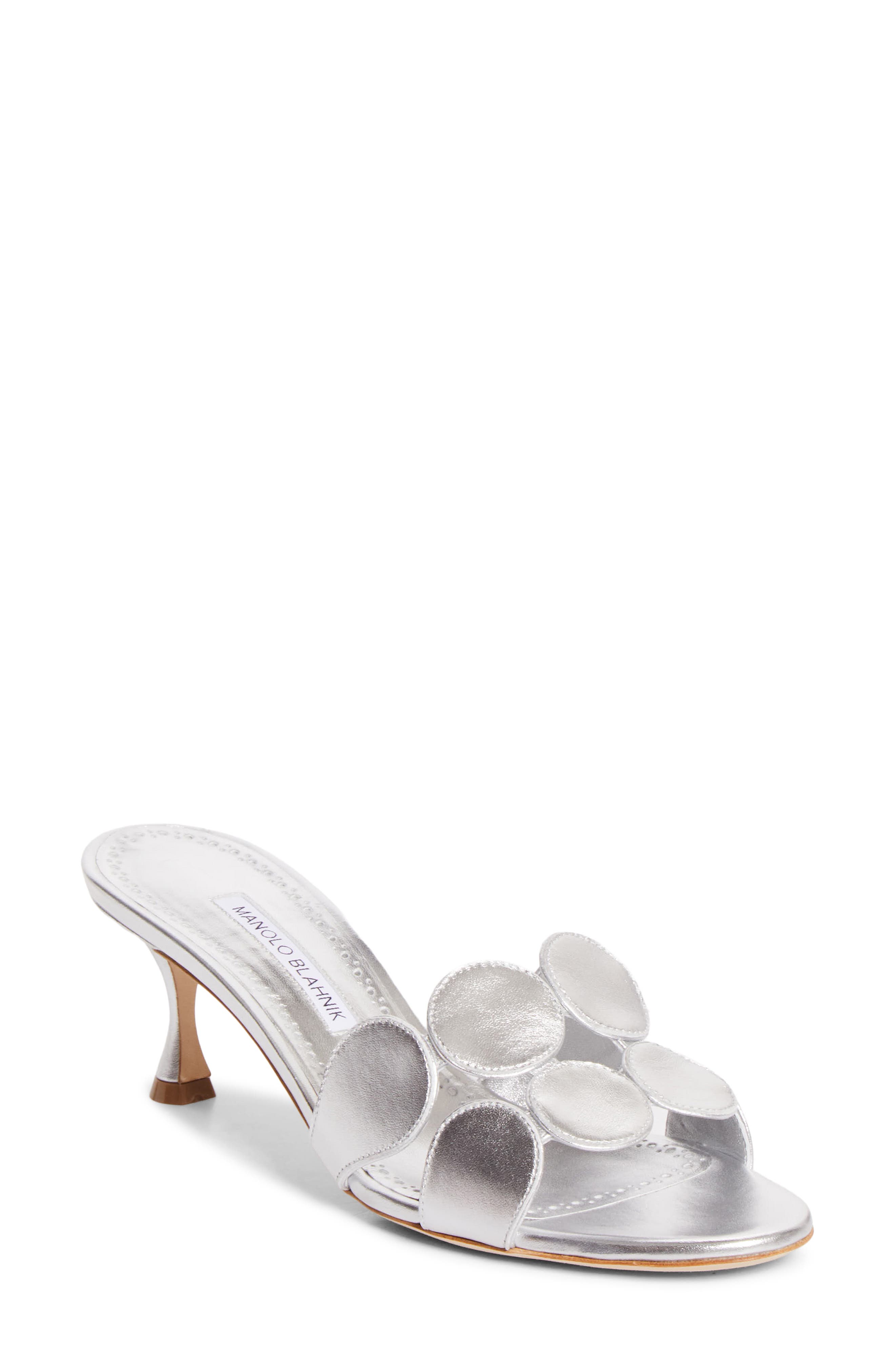Manolo Blahnik Haribalmu Kitten Heel Sandal, Main, color, Silver